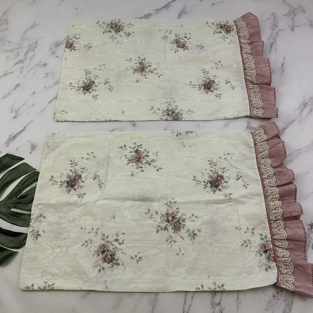 JC Penny Vintage 90s Bed Sheet Set Full Double Cream Purple Ruffles Lace Floral